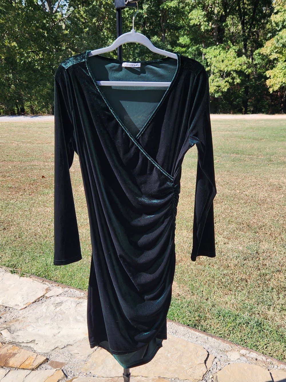 GUBERRY Emerald Green Velvet Ruched Faux Wrap Bodycon Dress - Size XL
